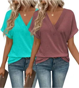 2PCS T Shirts Short Sleeve V Neck Tees Womens Fashion Tops Trendy Soft 2025 Casual Summer Spring Outfits Clothes