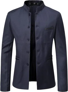 Akklian Men's Chinese Tunic Suits Mandarin Collar Formal Jacket Slim-Fit Front Button Blazer Traditional Uniform Dress Shirt