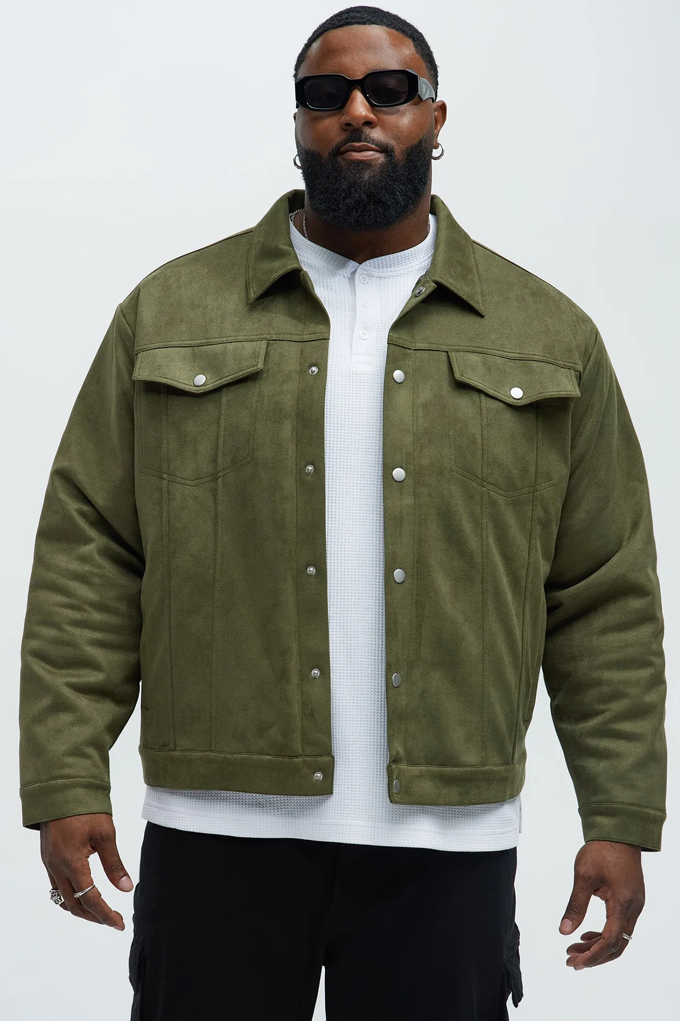 Ardee Faux Suede Padded Trucker Jacket - Olive