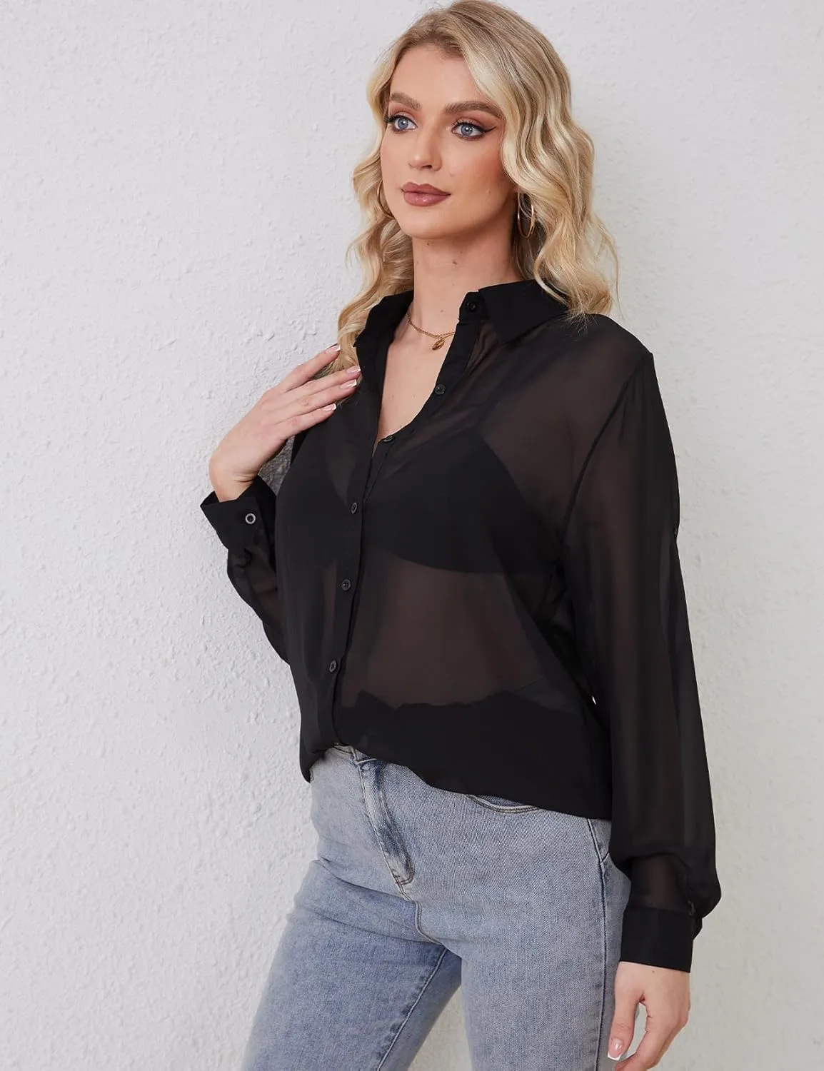 Arssm Women Sheer Button Up Blouse Mesh Long Sleeve Sexy See Through Tops Fashion Trendy Mesh Shirts Tops