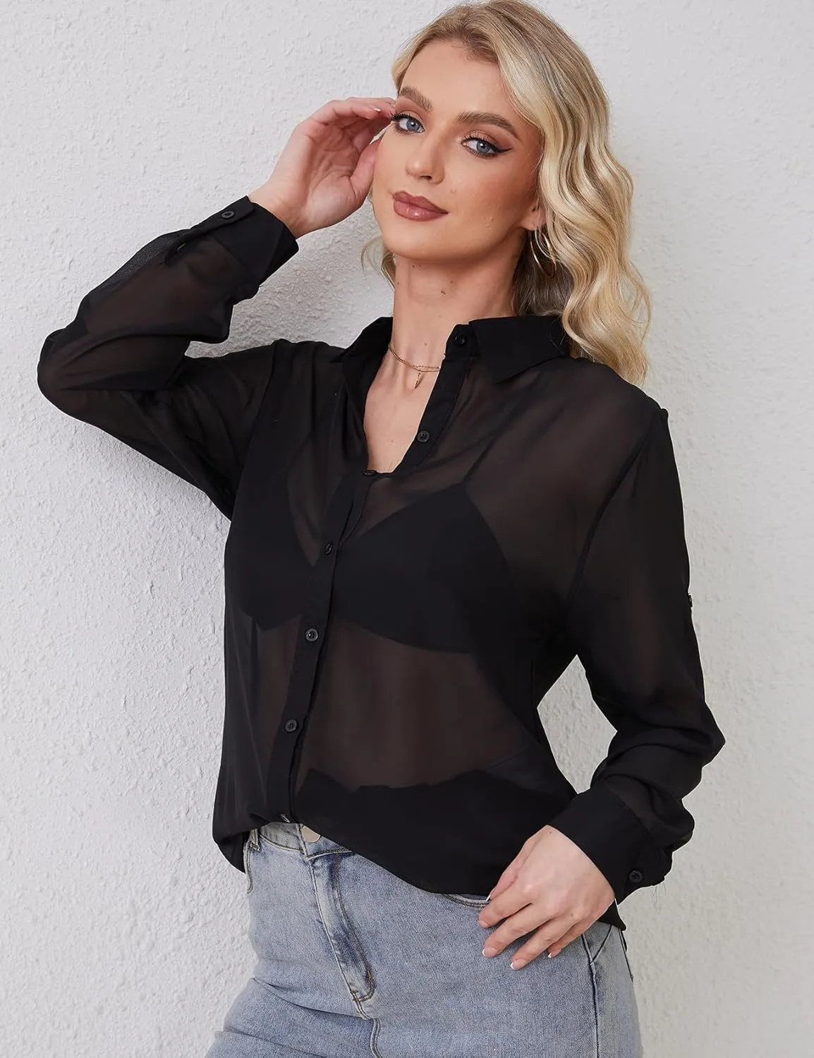Arssm Women Sheer Button Up Blouse Mesh Long Sleeve Sexy See Through Tops Fashion Trendy Mesh Shirts Tops