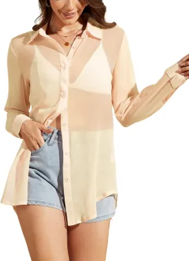 Arssm Women Sheer Button Up Blouse Mesh Long Sleeve Sexy See Through Tops Fashion Trendy Mesh Shirts Tops