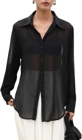 Arssm Women Sheer Button Up Blouse Mesh Long Sleeve Sexy See Through Tops Fashion Trendy Mesh Shirts Tops