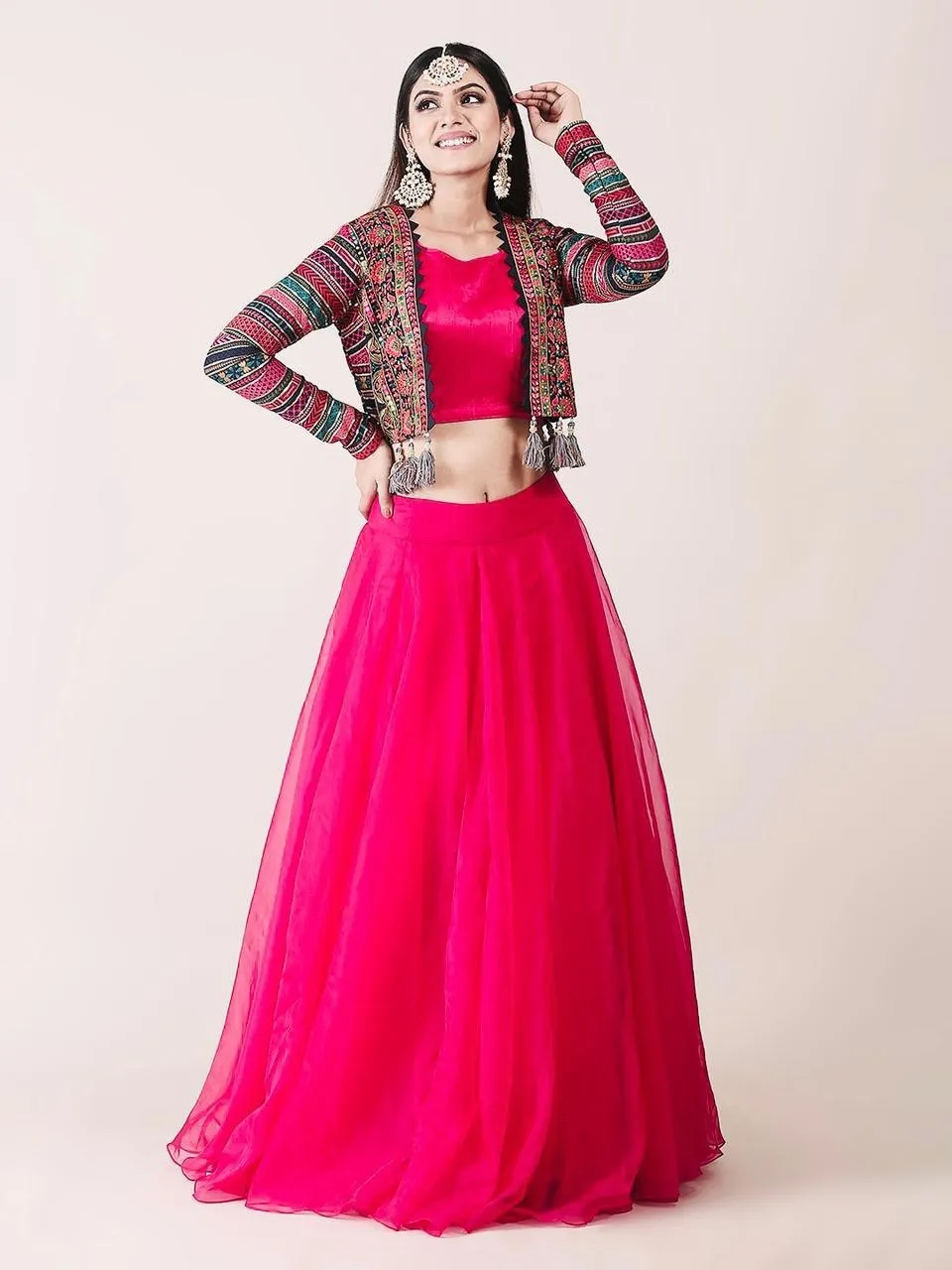 Attractive Pink Color Organza Lehenga Choli with Multicolor Georgette Koti