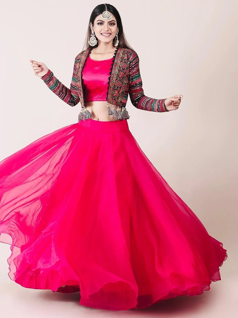 Attractive Pink Color Organza Lehenga Choli with Multicolor Georgette Koti
