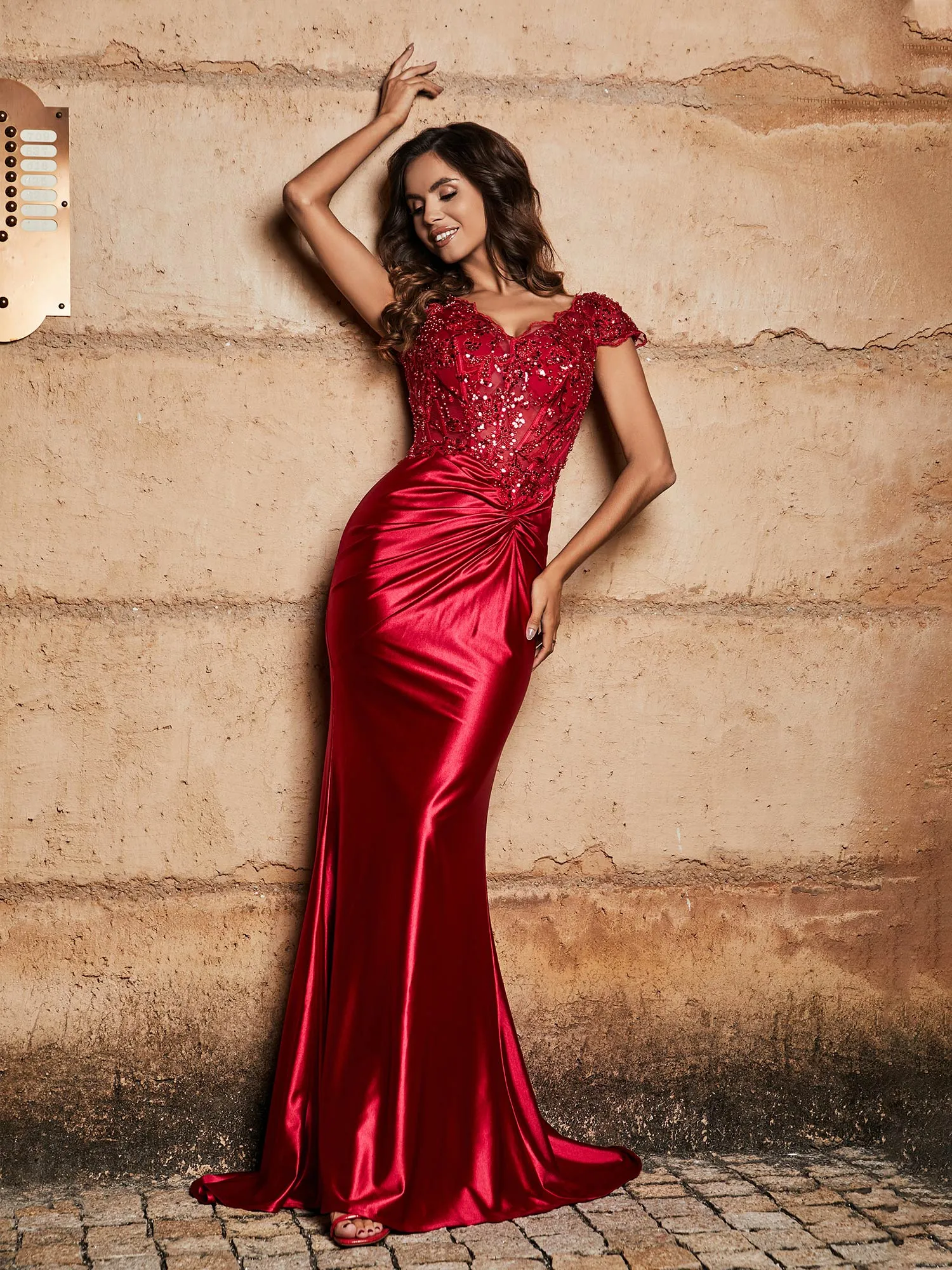 Beaded Corset Bodice Mermaid Satin Gown Burgundy