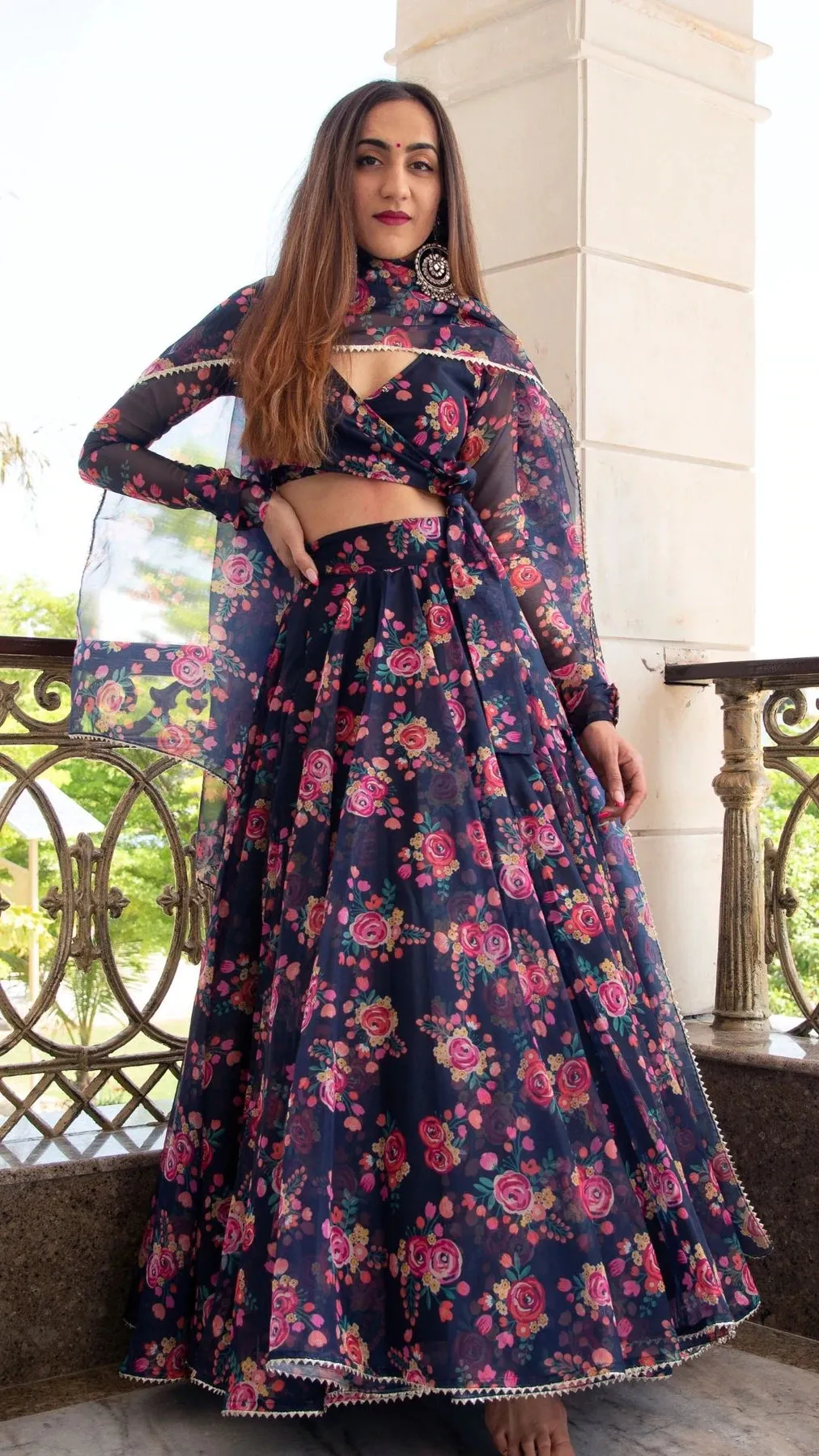 Blue Organza Floral Print Lehenga Set