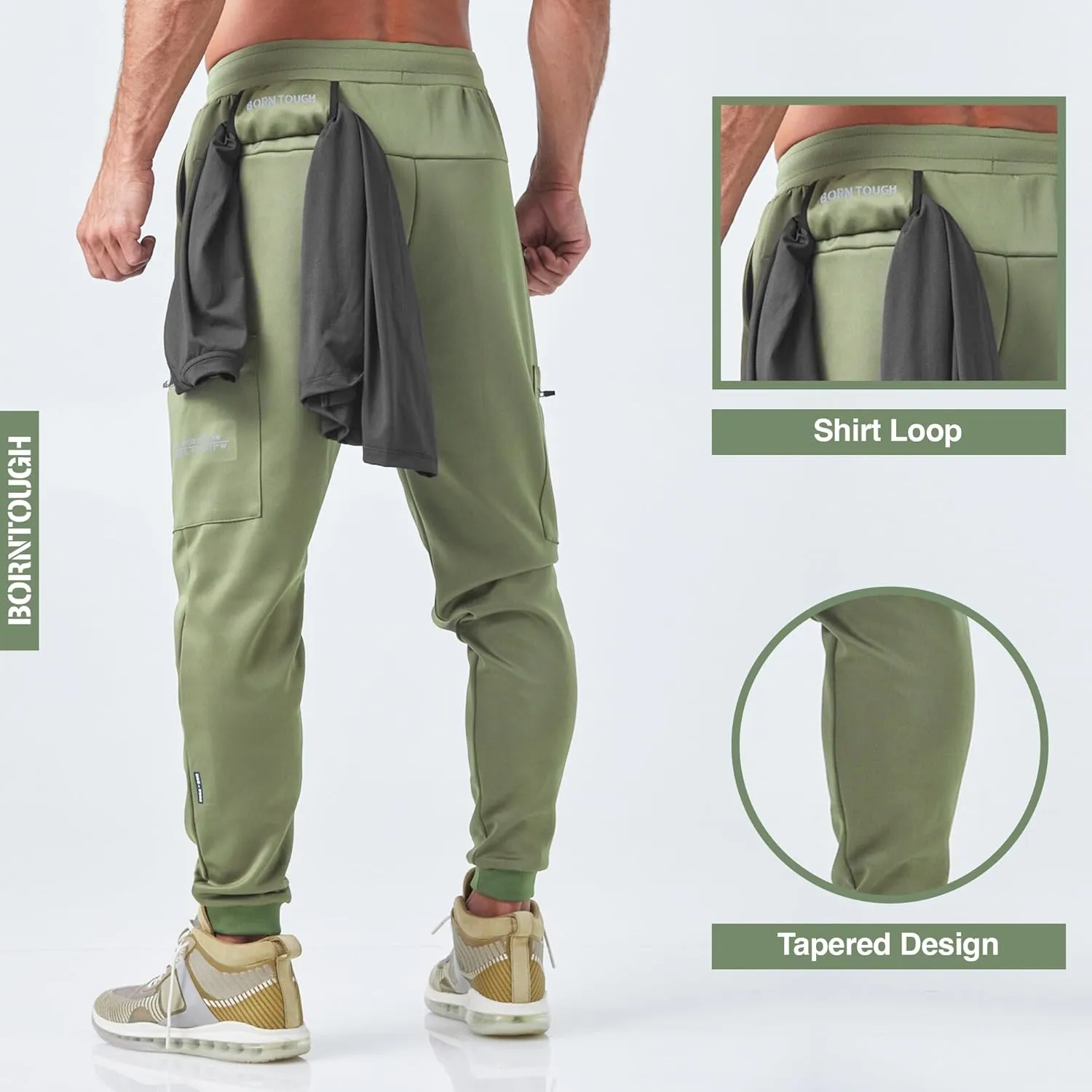 Born Tough Men's Tapered Bodybuilding Gym Joggers with Cargo Pockets, Athletic Running Sweatpants