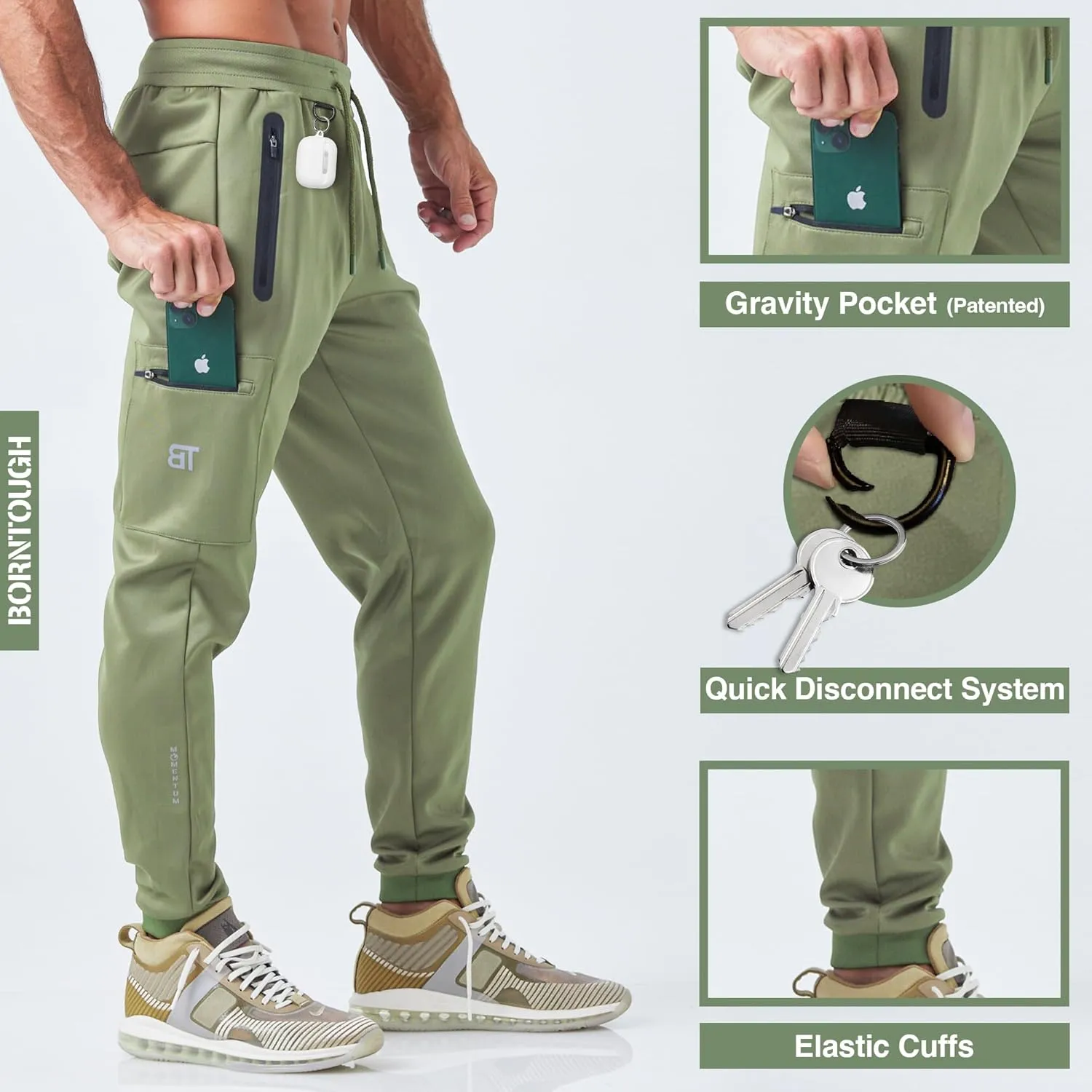 Born Tough Men's Tapered Bodybuilding Gym Joggers with Cargo Pockets, Athletic Running Sweatpants