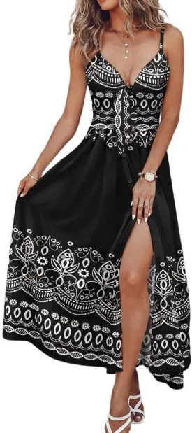 CHICME BEST SHOPPING DEALS Floral Print V Neck Button Front Sleeveless Maxi Dress Casual Hollow Out A Line Dress
