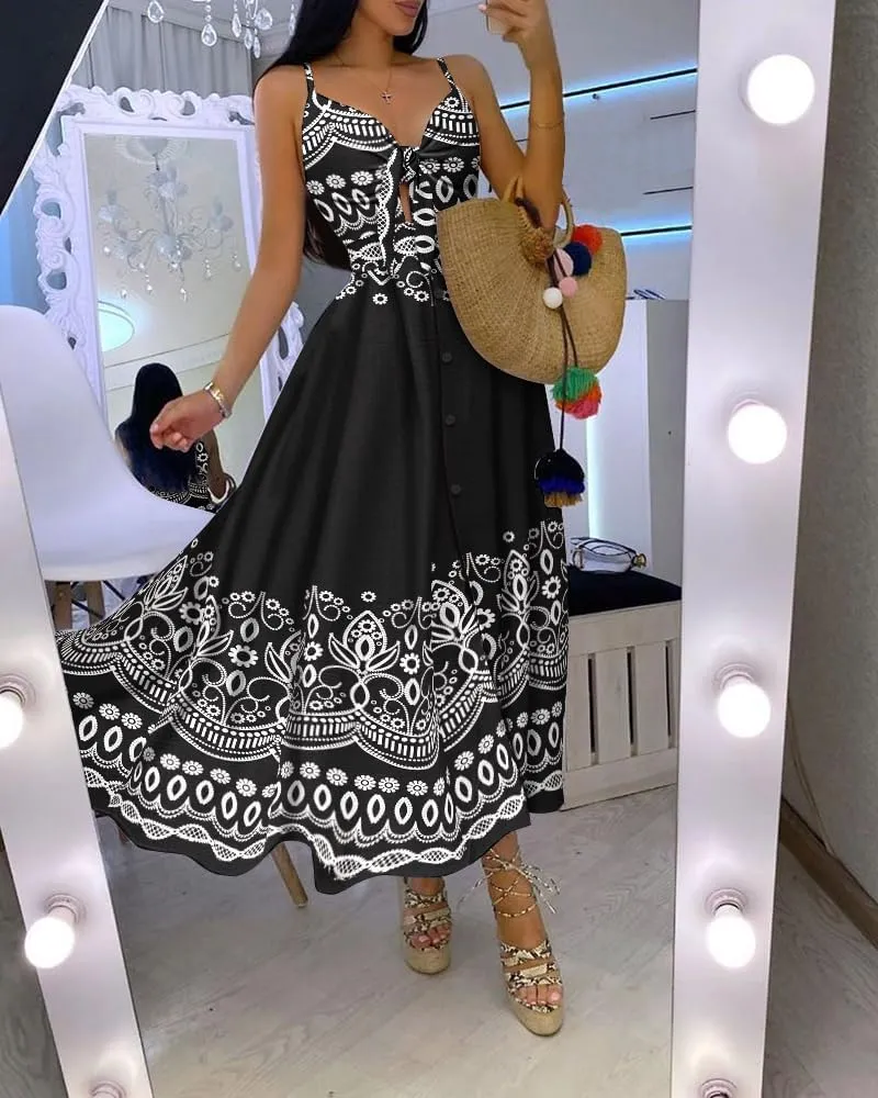 CHICME BEST SHOPPING DEALS Floral Print V Neck Button Front Sleeveless Maxi Dress Casual Hollow Out A Line Dress