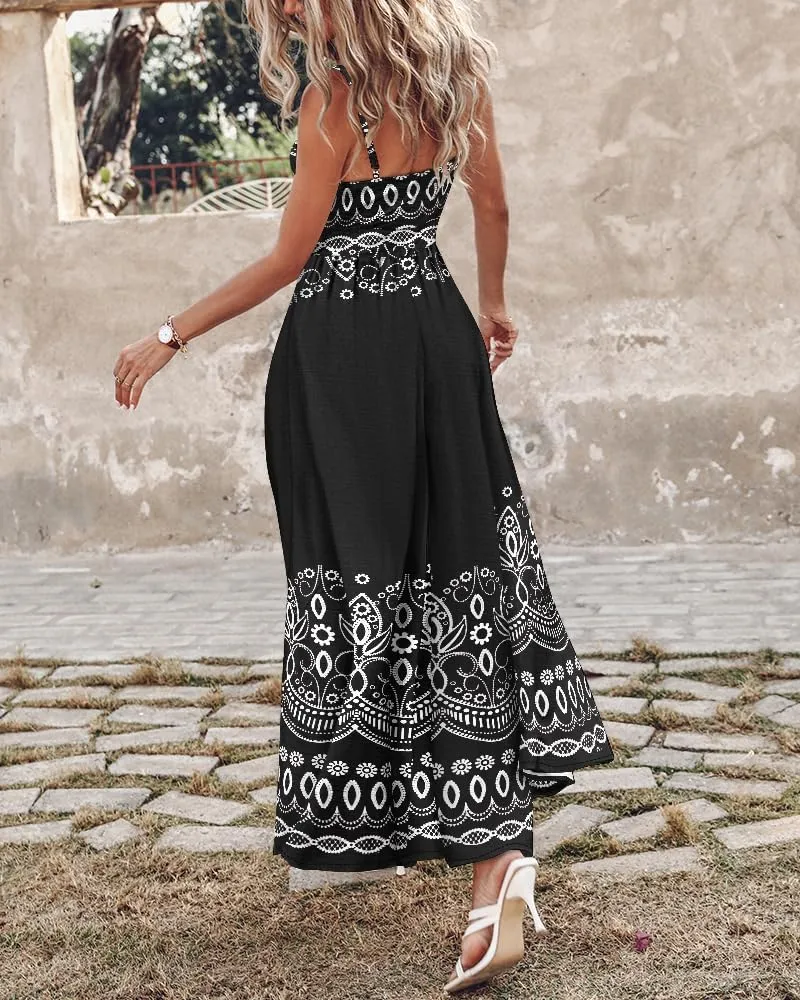 CHICME BEST SHOPPING DEALS Floral Print V Neck Button Front Sleeveless Maxi Dress Casual Hollow Out A Line Dress