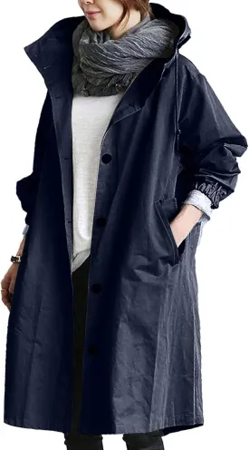 COTECRAM Women's Trench Jackets Plus Size Casual Long Rain Jacket Fashion Winter Hooded Oversized Windbreaker Coats Outerwear