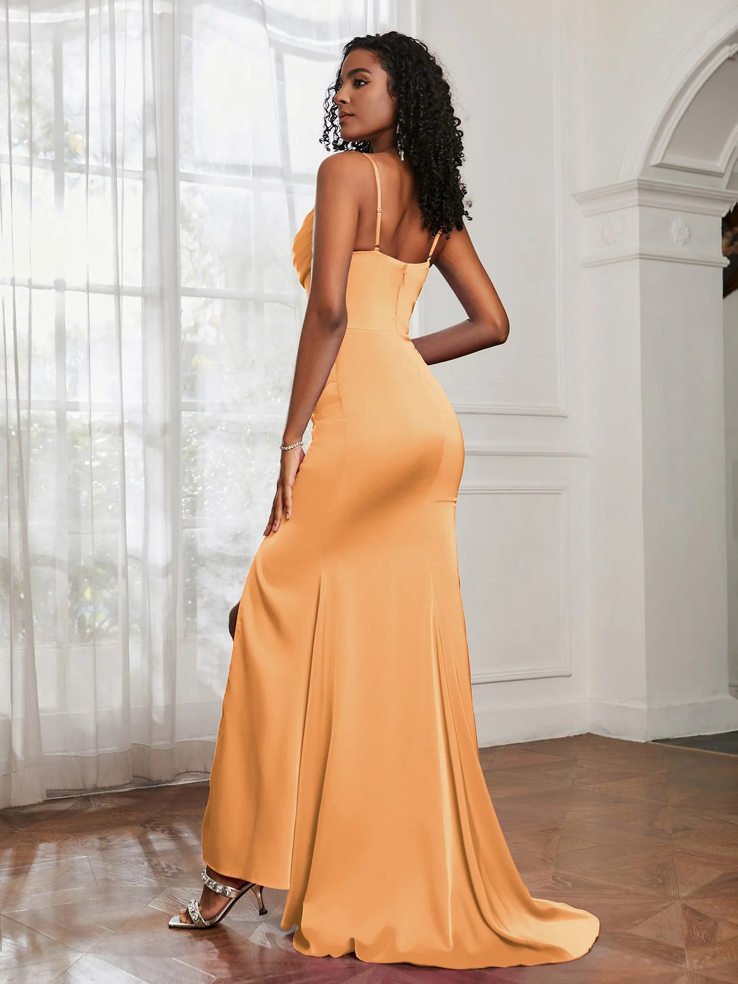 Cowl Neck Sweep Train Mermaid Satin Prom Dress Tangerine Plus Size