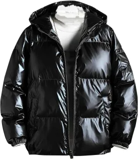 DGHM-JLMY Men's Glossy Padded Winter Hood Coat Metallic Full Zip Down Quilted Puffer Jacket Warm Plus Size Shiny Hooded Coat