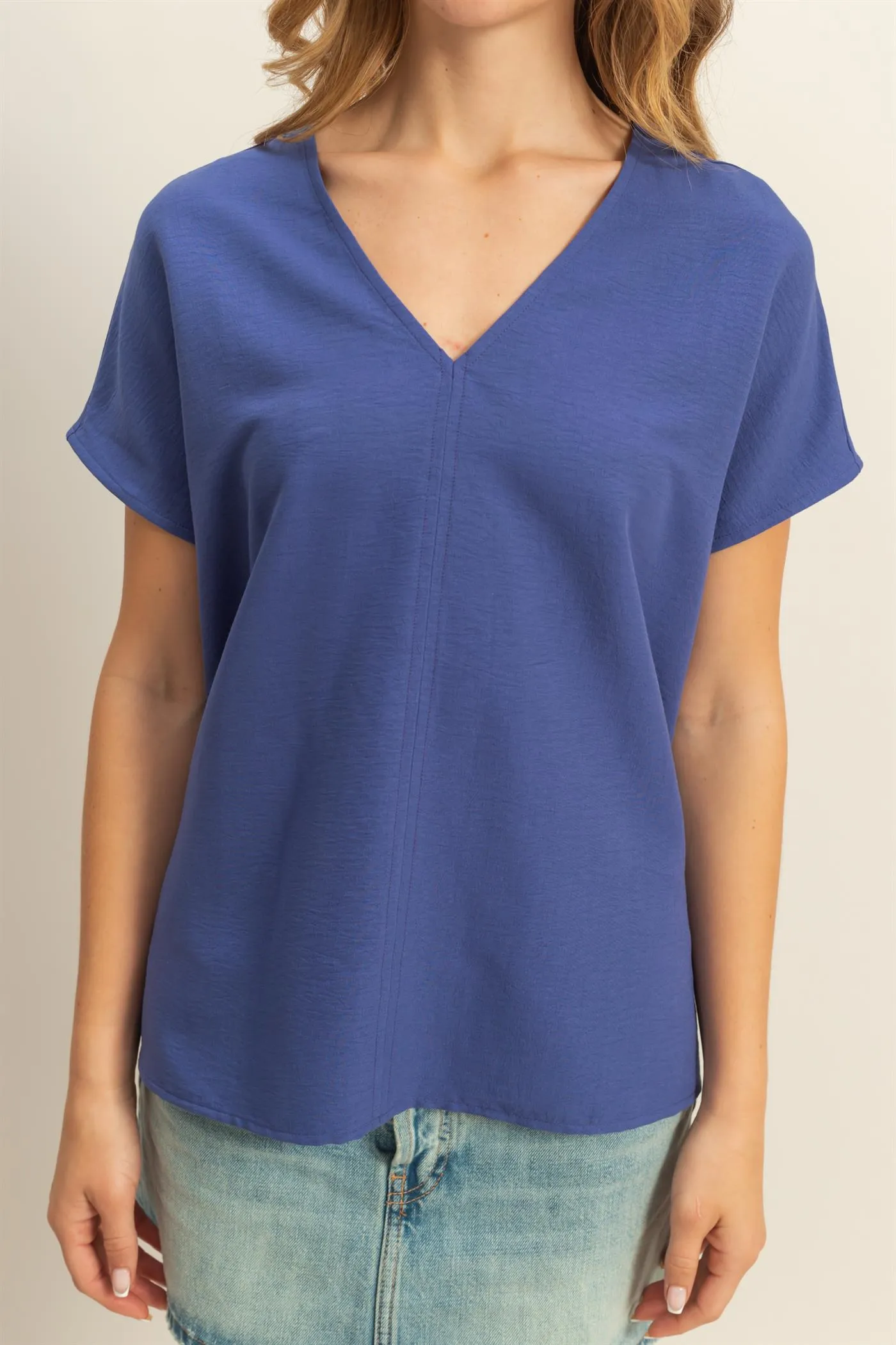 DZ24C059-Woven V-Neck Short Sleeve Tunic Top
