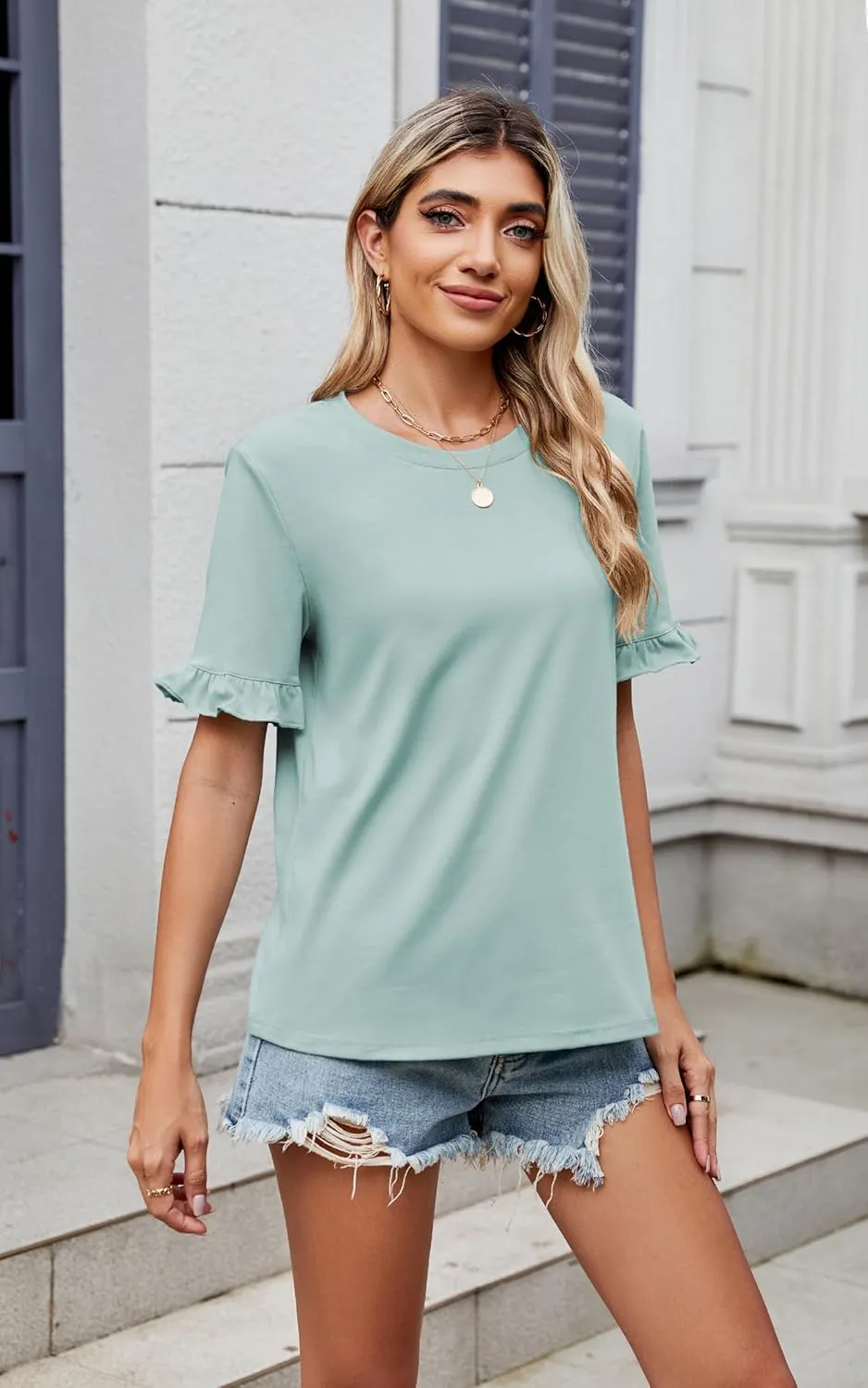ECOWISH Womens Casual Ruffle Tops: Short Sleeve Summer Blouses Soild Crewneck Tunics Shirts