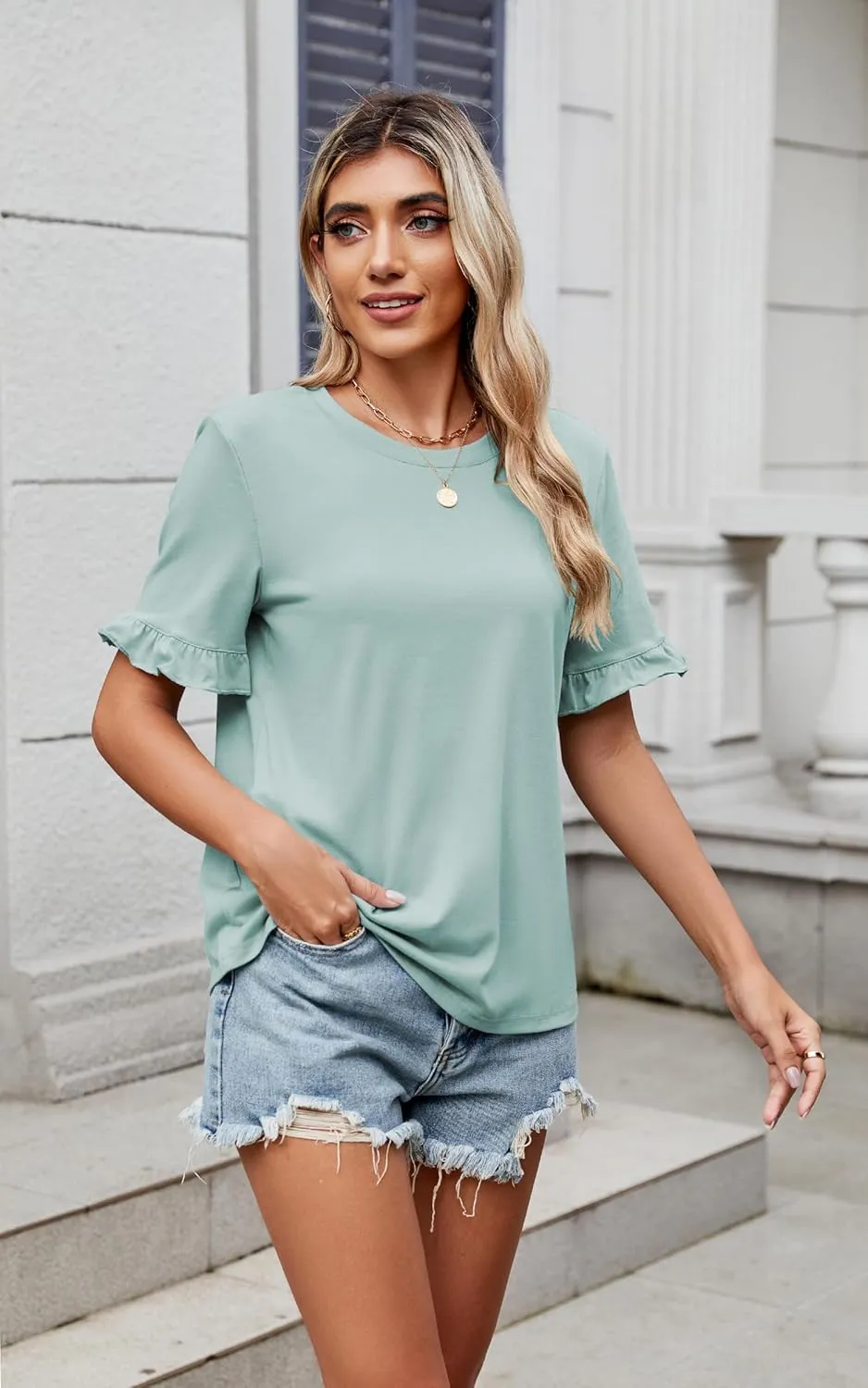 ECOWISH Womens Casual Ruffle Tops: Short Sleeve Summer Blouses Soild Crewneck Tunics Shirts