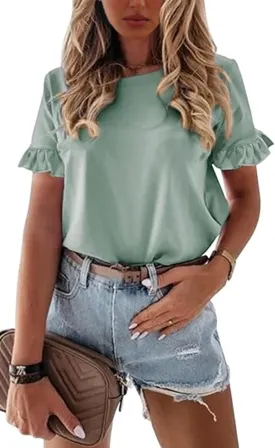 ECOWISH Womens Casual Ruffle Tops: Short Sleeve Summer Blouses Soild Crewneck Tunics Shirts