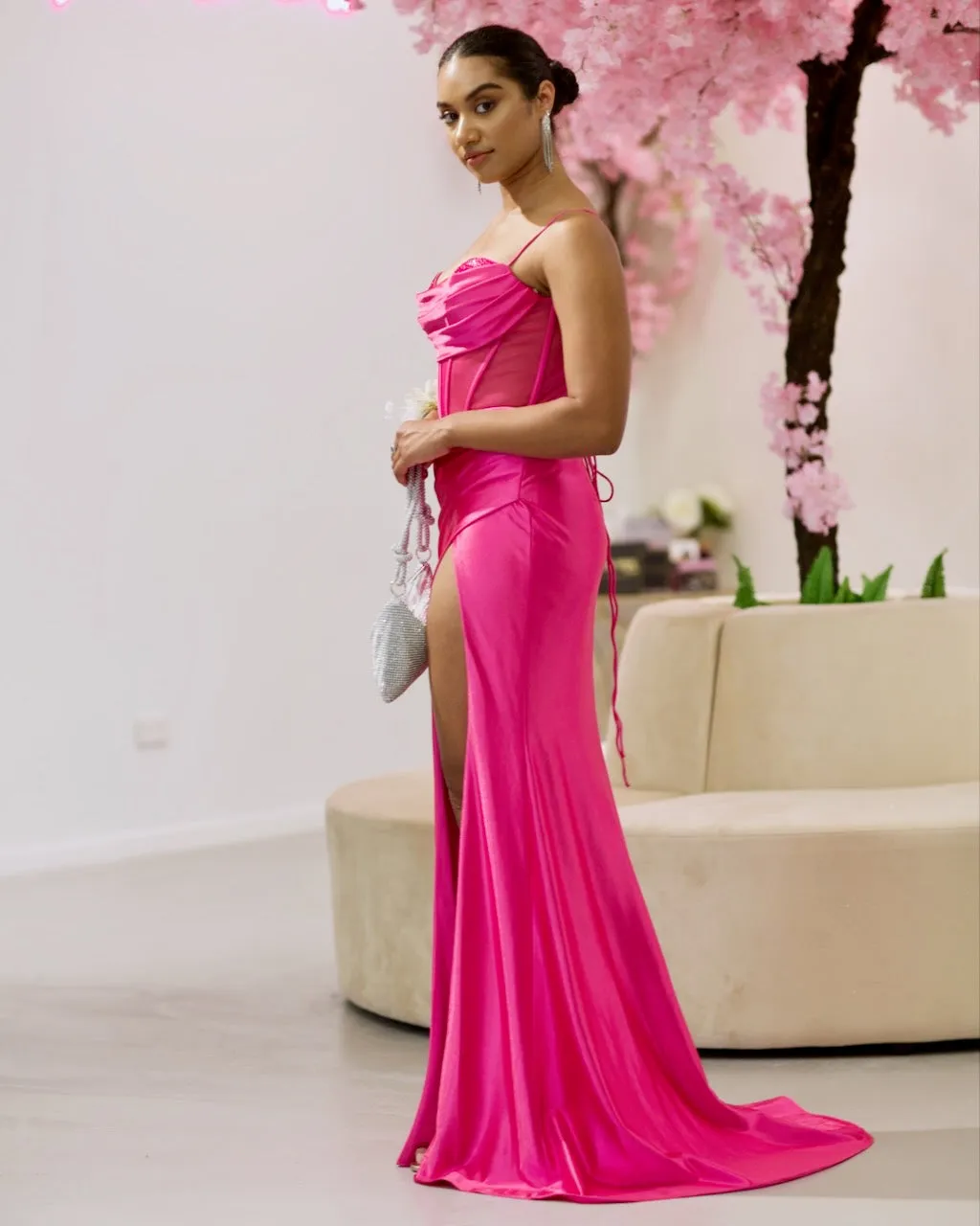 Emeline Satin Corset Gown - Hot Pink