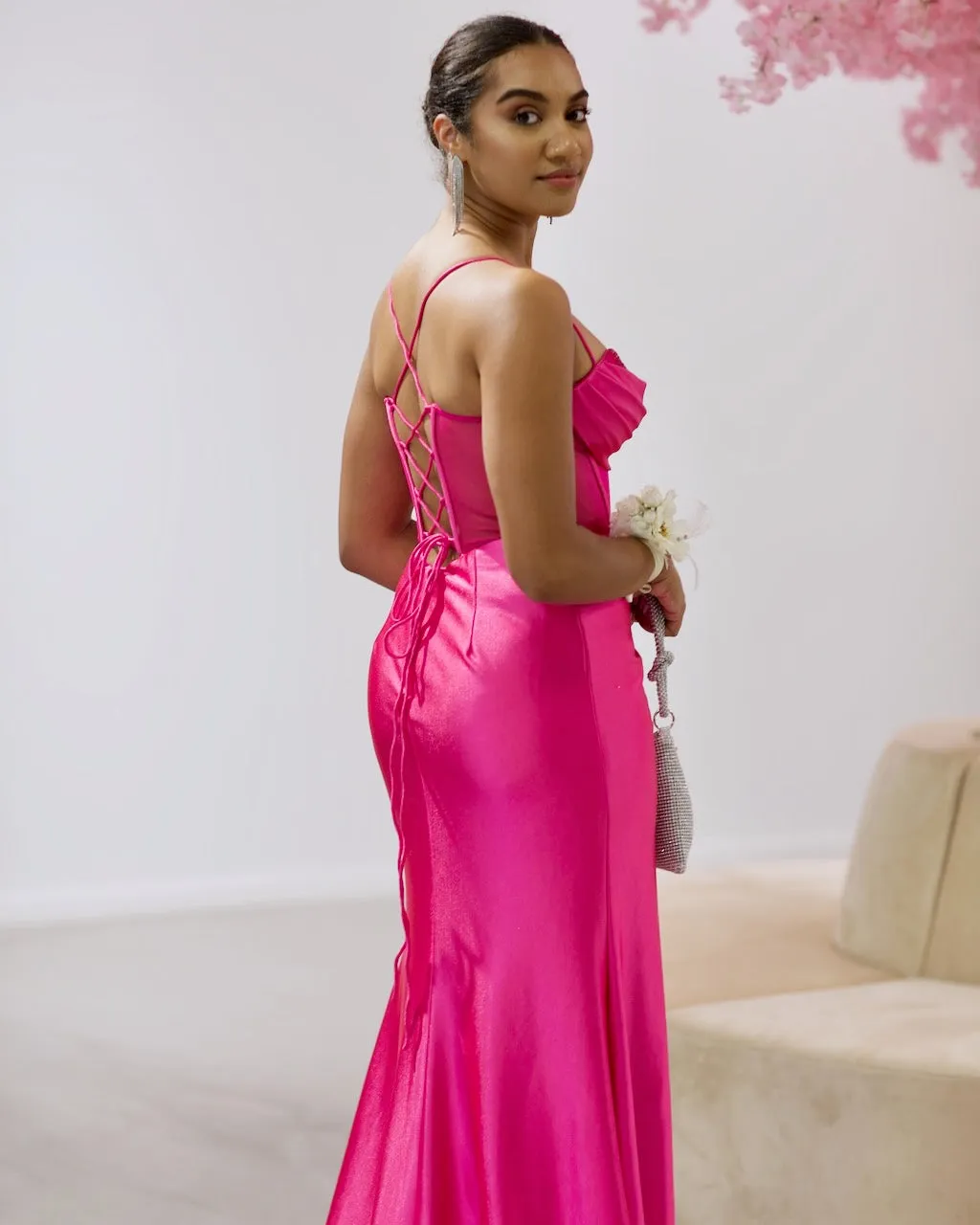 Emeline Satin Corset Gown - Hot Pink
