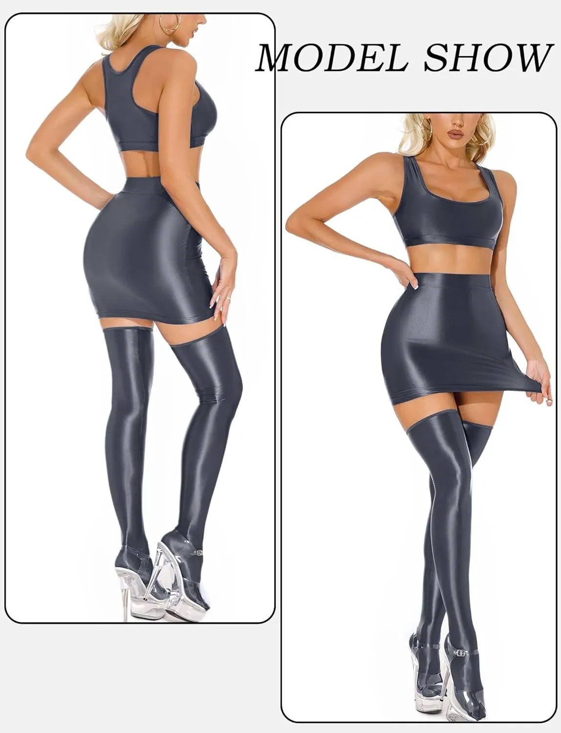 FEOYA Womens Oil Shiny Bodycon Skirts Silky Smooth Pencil Mini Skirts Sexy Glossy Hot Skirts Club Party
