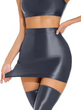 FEOYA Womens Oil Shiny Bodycon Skirts Silky Smooth Pencil Mini Skirts Sexy Glossy Hot Skirts Club Party
