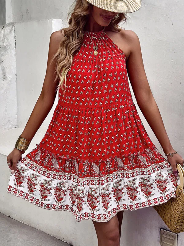 Floral Boho Print Sleeveless Pocket Halter Neck Dress