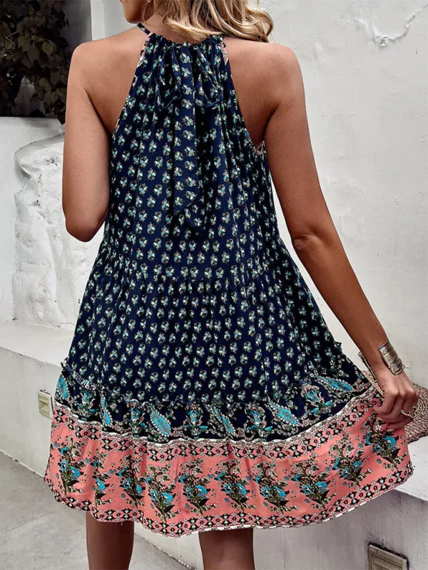 Floral Boho Print Sleeveless Pocket Halter Neck Dress