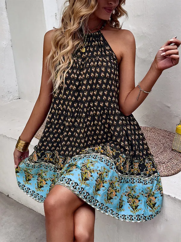 Floral Boho Print Sleeveless Pocket Halter Neck Dress