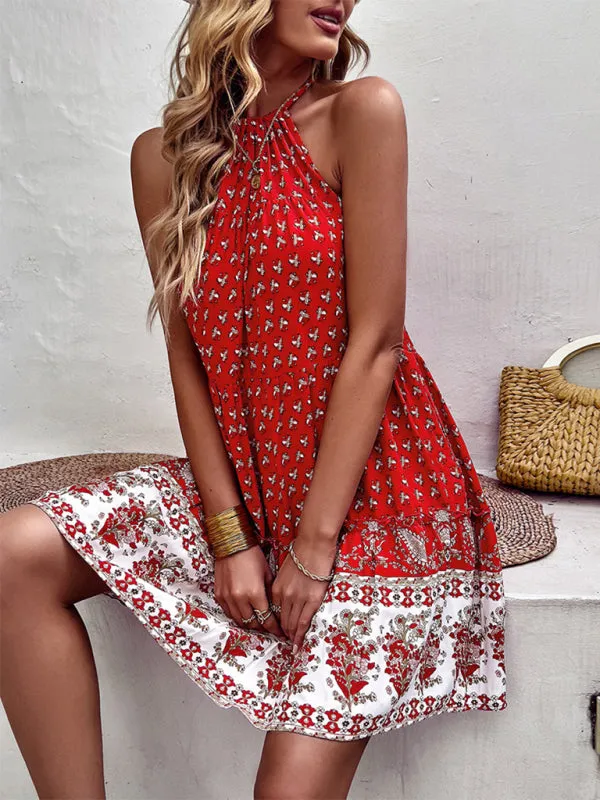 Floral Boho Print Sleeveless Pocket Halter Neck Dress