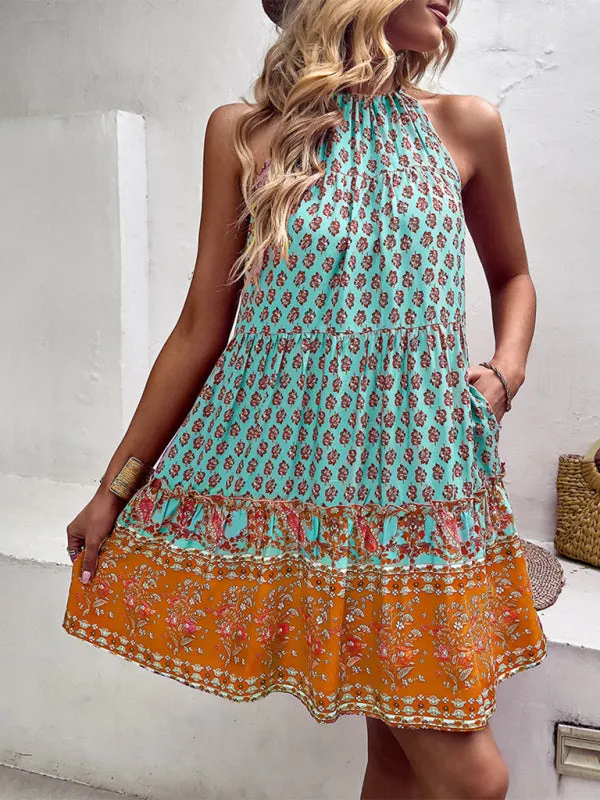 Floral Boho Print Sleeveless Pocket Halter Neck Dress