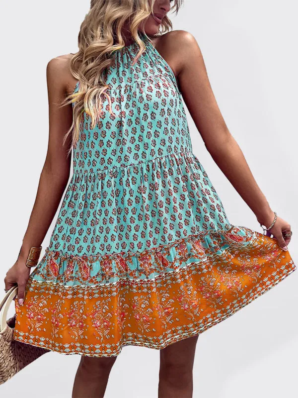 Floral Boho Print Sleeveless Pocket Halter Neck Dress