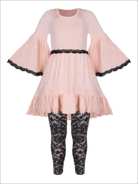 Girls Boho Sleeve Ruffled Trimmed Tunic And Printed Legging Set
