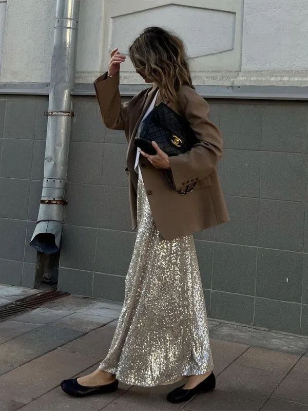 Glitter Gala Festive Sequined Long Sleeve Crop Top with Maxi Skirt