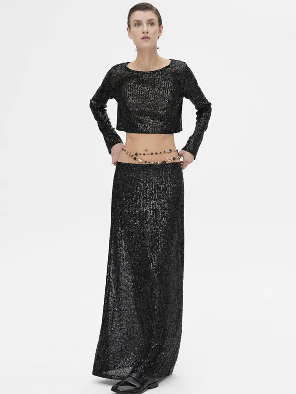 Glitter Gala Festive Sequined Long Sleeve Crop Top with Maxi Skirt