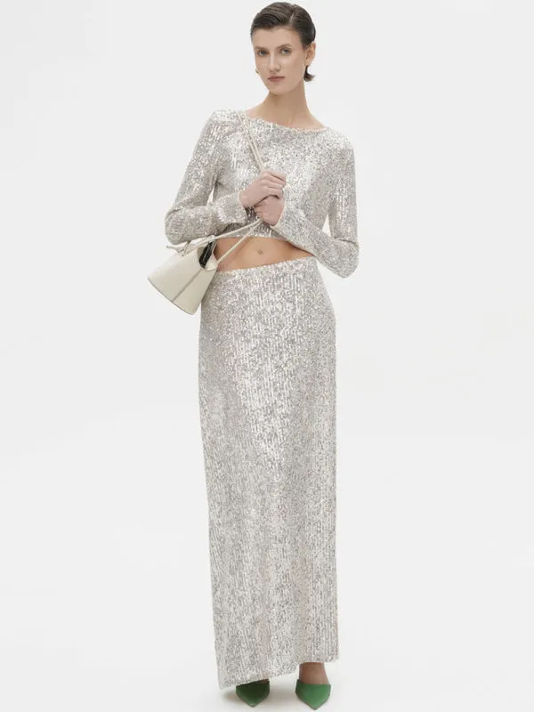 Glitter Gala Festive Sequined Long Sleeve Crop Top with Maxi Skirt