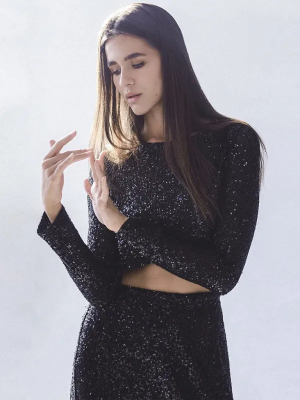 Glitter Gala Festive Sequined Long Sleeve Crop Top with Maxi Skirt