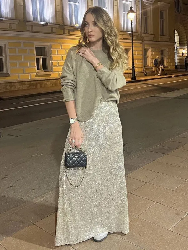Glitter Gala Festive Sequined Long Sleeve Crop Top with Maxi Skirt