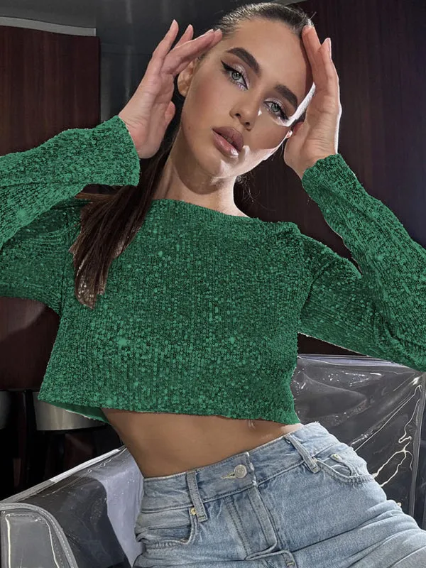 Glitter Gala Festive Sequined Long Sleeve Crop Top with Maxi Skirt