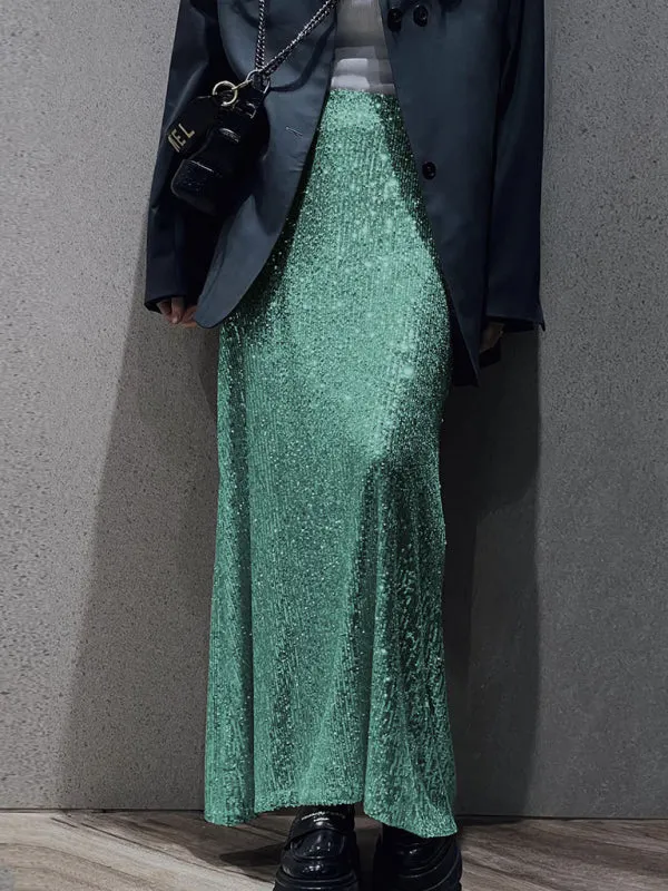 Glitter Gala Festive Sequined Long Sleeve Crop Top with Maxi Skirt