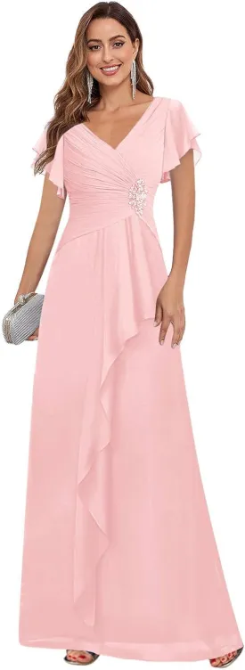 GUKARLEED Womens Ruffles Mother of The Bride Dresses Long V Neck Lace Appliques Formal Dress for Wedding Guest with Sleeves