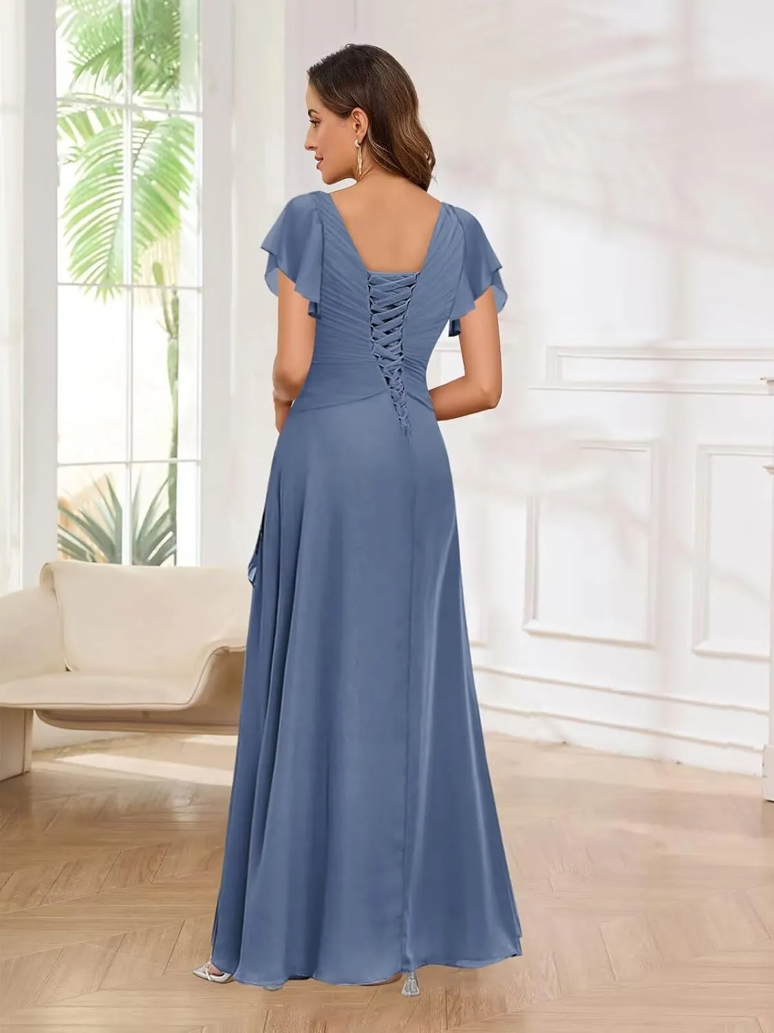 GUKARLEED Womens Ruffles Mother of The Bride Dresses Long V Neck Lace Appliques Formal Dress for Wedding Guest with Sleeves