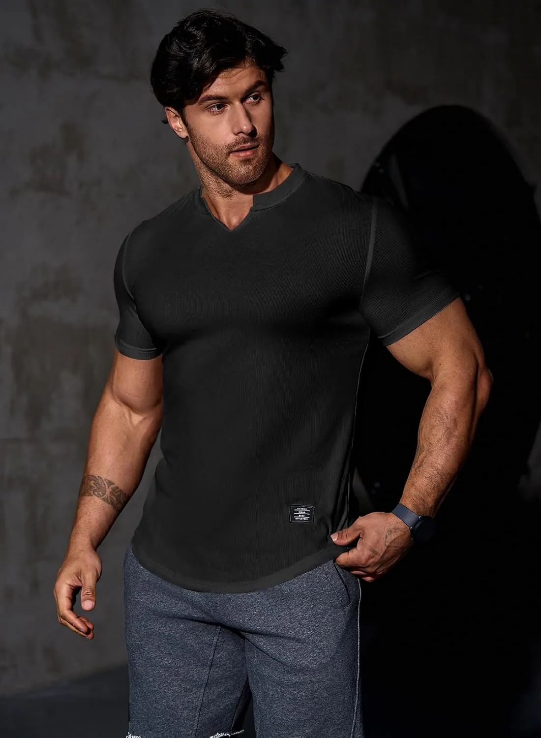 JMIERR Mens Muscle Slim T Shirt V-Neck Longline Henley Shirt Gym Workout Athletic Tee Shirts