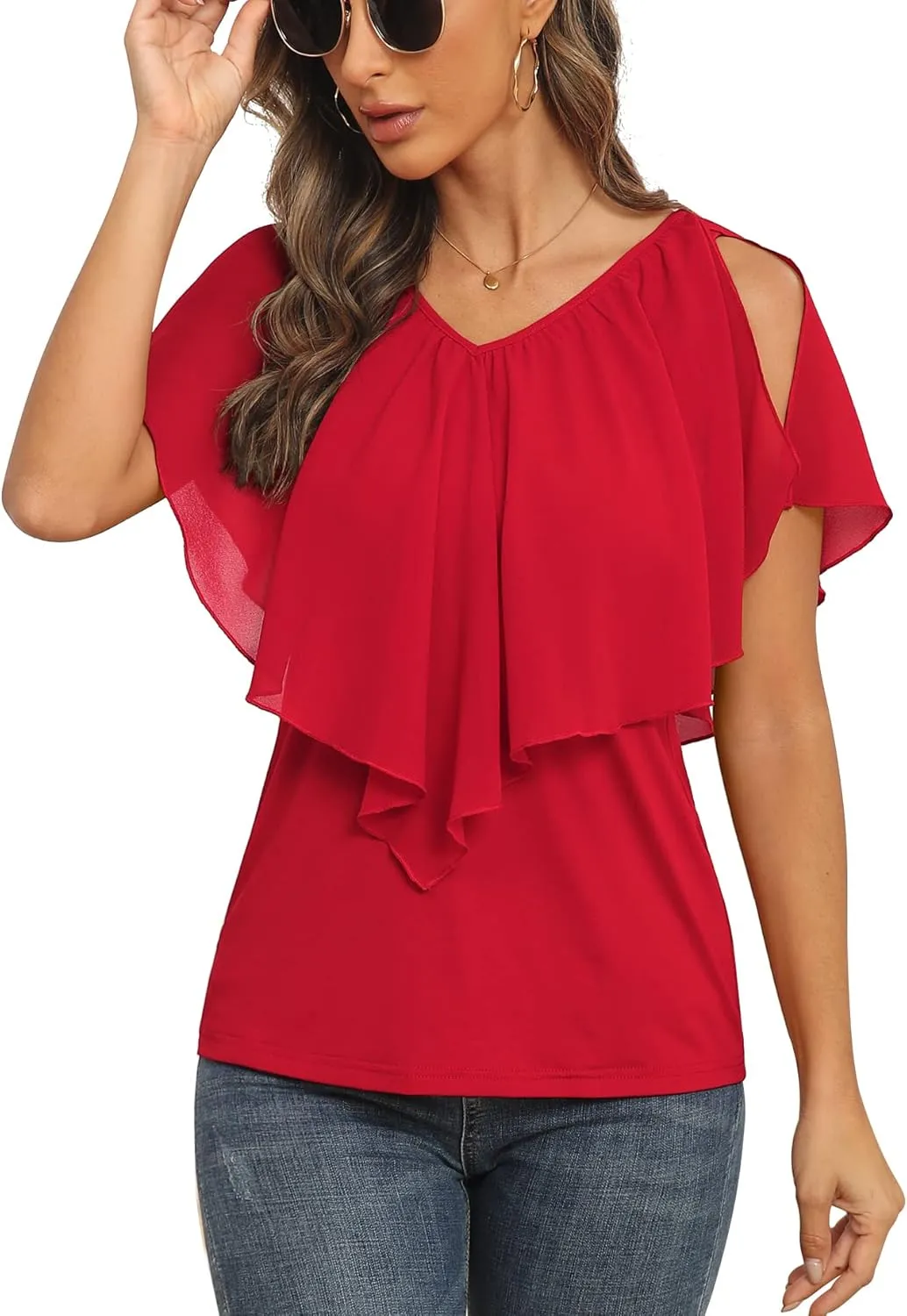 Jouica Woman's Summer Cold Shoulder Chiffon Tank Tops Sleeveless Ruffled Flowy Blouse for Women