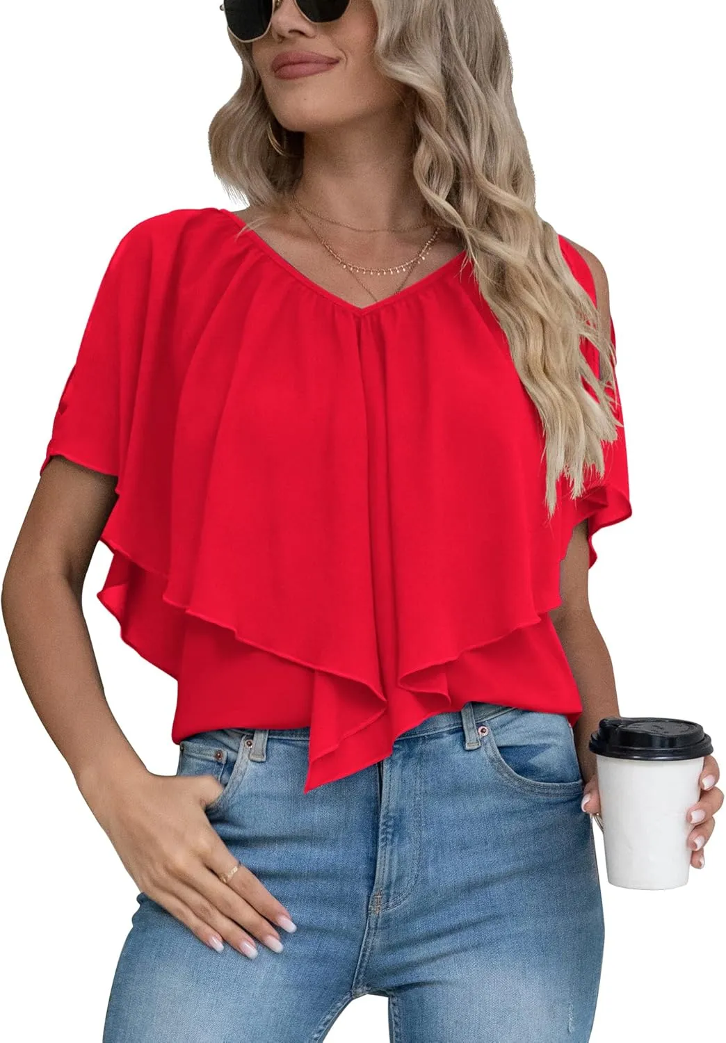 Jouica Woman's Summer Cold Shoulder Chiffon Tank Tops Sleeveless Ruffled Flowy Blouse for Women