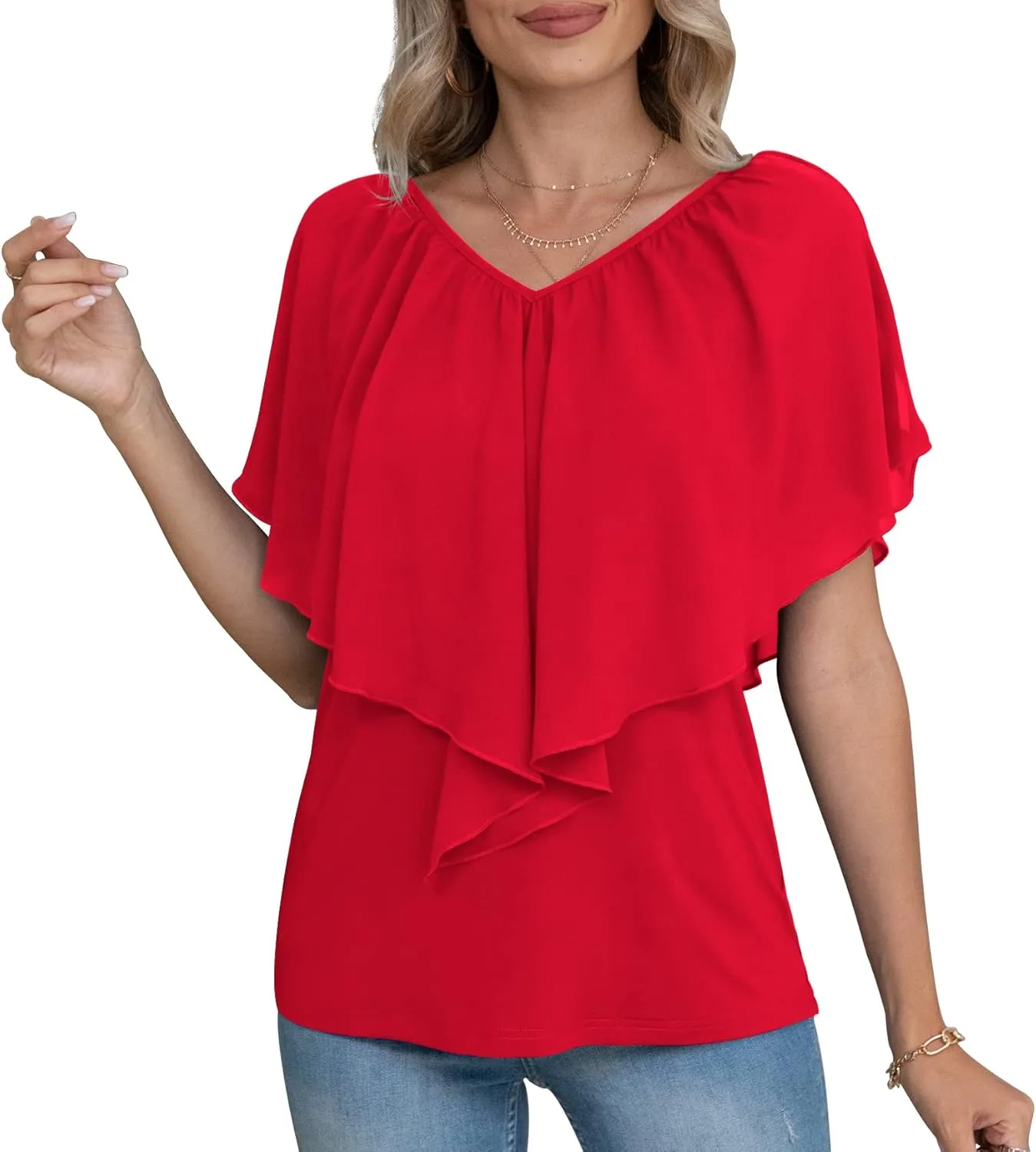 Jouica Woman's Summer Cold Shoulder Chiffon Tank Tops Sleeveless Ruffled Flowy Blouse for Women