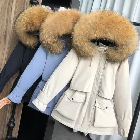 Large Natural Raccoon Fox Fur Hooded Winter