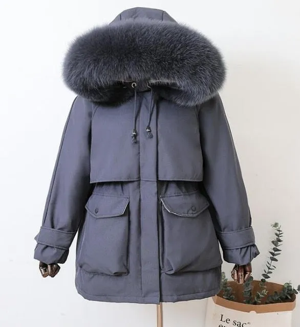 Large Natural Raccoon Fox Fur Hooded Winter