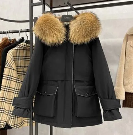 Large Natural Raccoon Fox Fur Hooded Winter